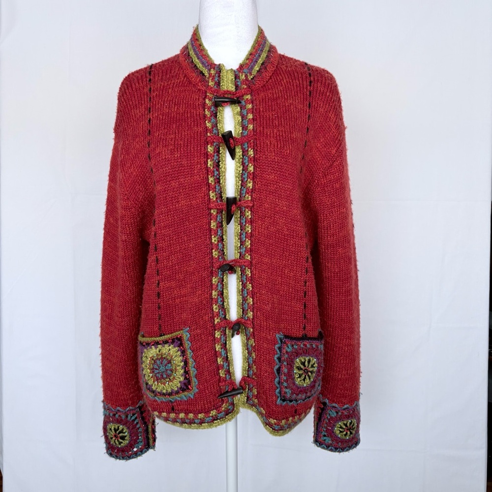 Vintage Icelandic Designs Rust Toggle Crochet Artsy Grannycore Sweater sz L